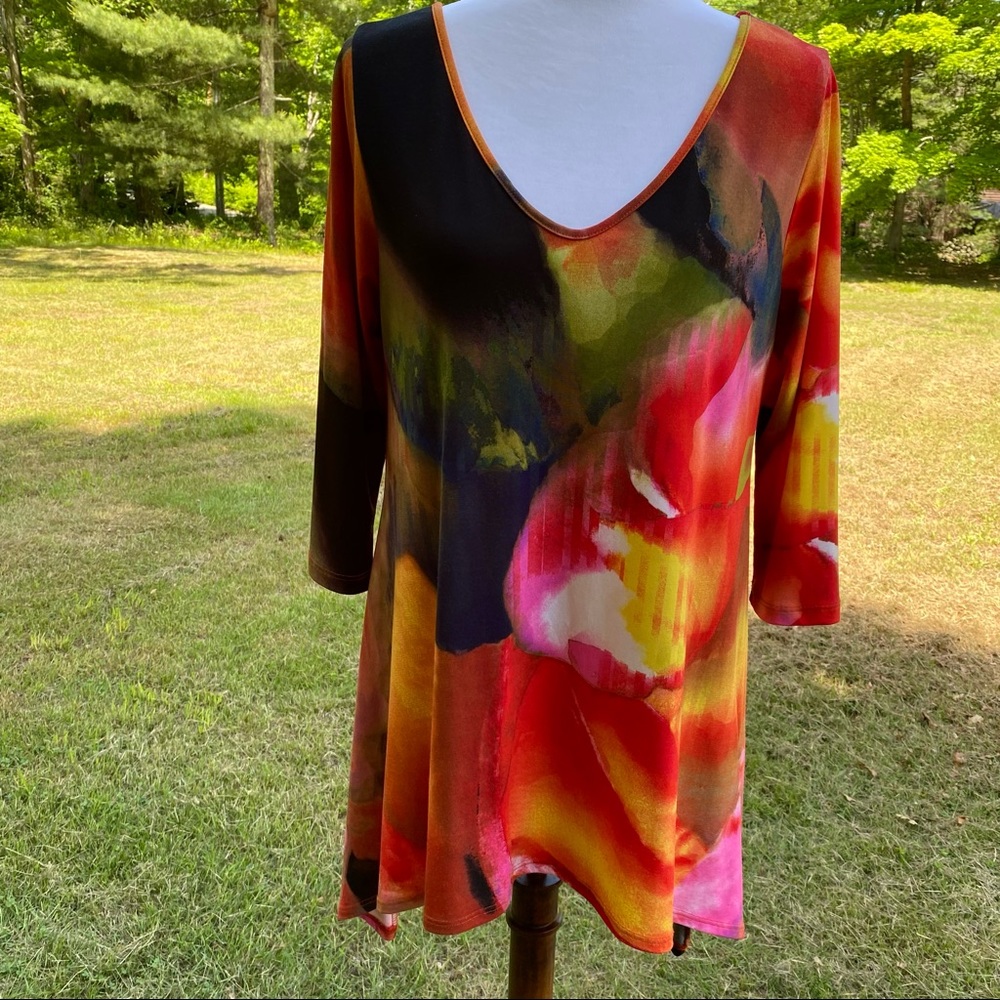 CLARA SUN WOO TOP TUNIC SCOOP NECK 3/4 SLEEVE GRAPHIC MULTI COLOR PRINT Size S